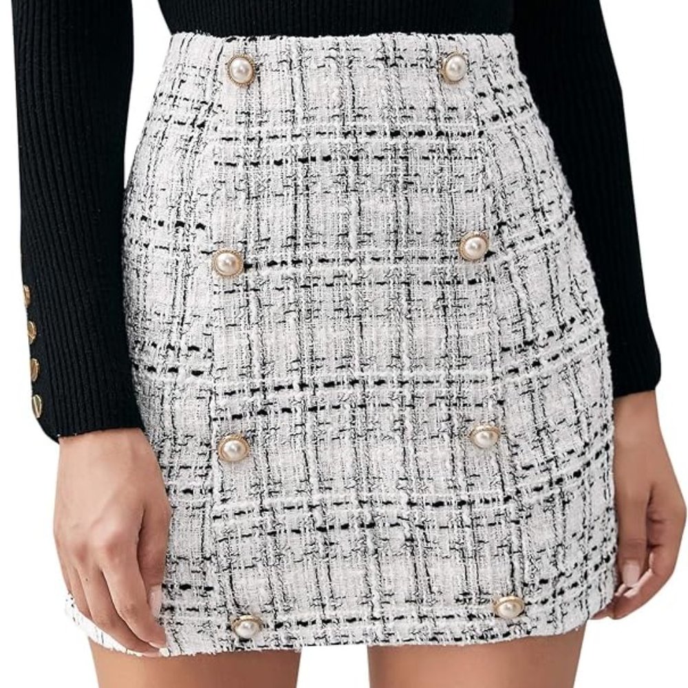 SweatyRocks Women's Elegant High Waist A-line Plaid Tweed Mini Skirt